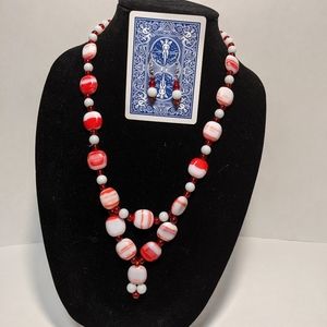 Red and white beaded necklace and earring set